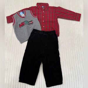 GoodLad Red Plaid Button-Up Shirt, Gray Train Sweater Vest, & black corduroy 24M